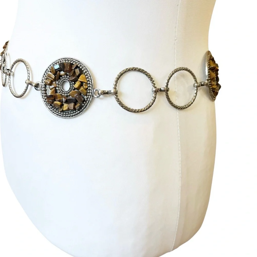 Vintage Retro Chain Belt Silver & Pebbled Mosaic Discs Statement Women’s 48”